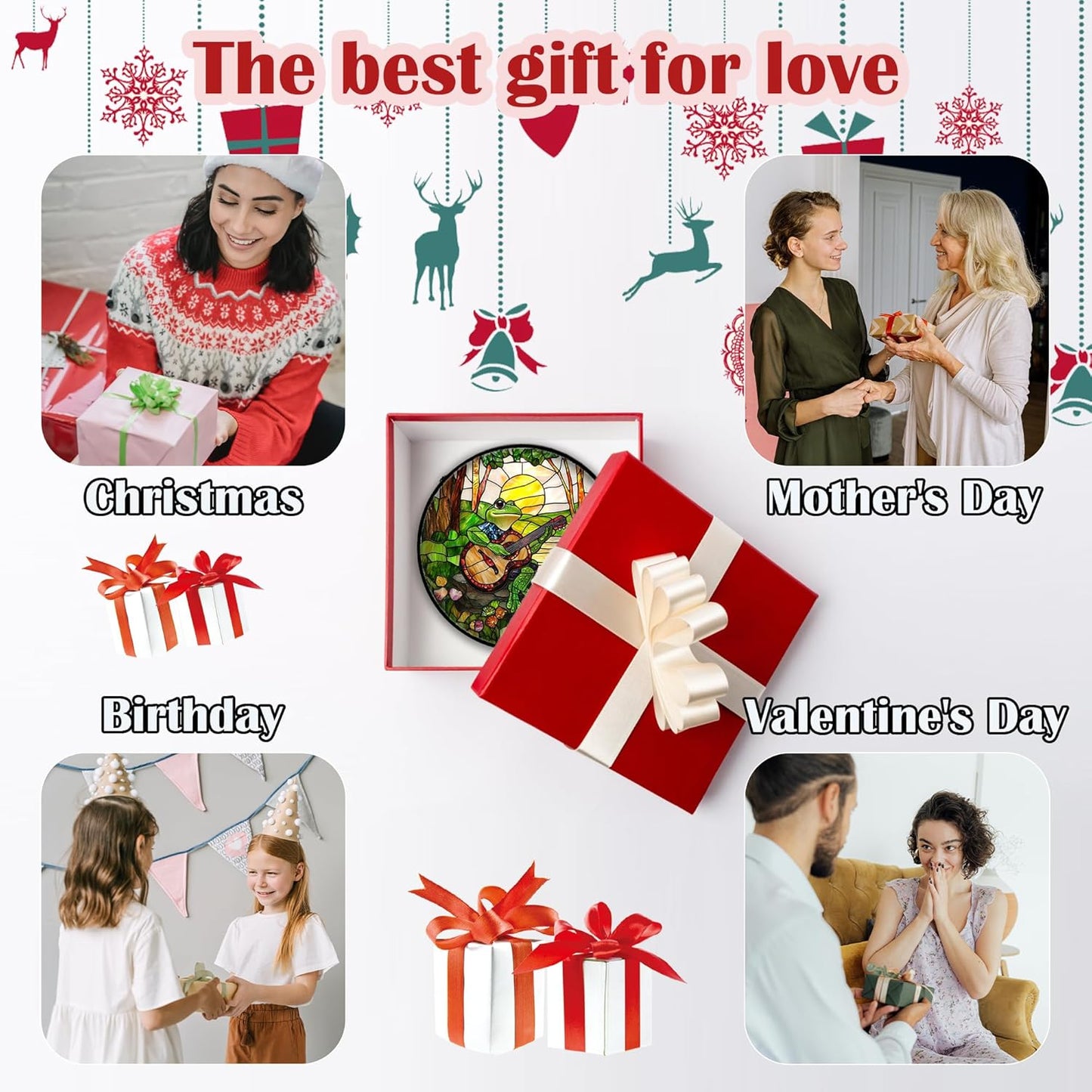 Stained Glass Window Hanging, Frog Playing Guitar Suncatcher Diamond Glass Panel Funny Sun Catchers Decor for Birthday for Women, Men, Wife, Aunt, and Mom 6.3 in