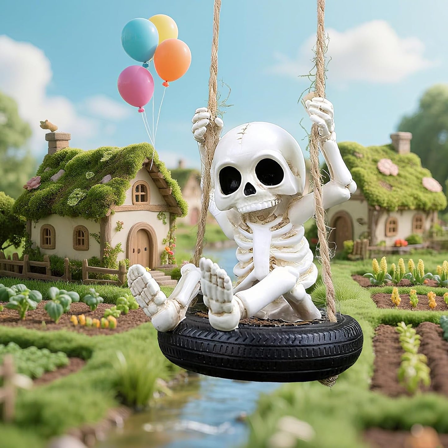 Swinging Skeleton Statue Halloween Decorations, Mini Cute Hanging Skull Swing Resin Figurine Hanging Decorations for Outdoor Garden Yard Tree Ornaments