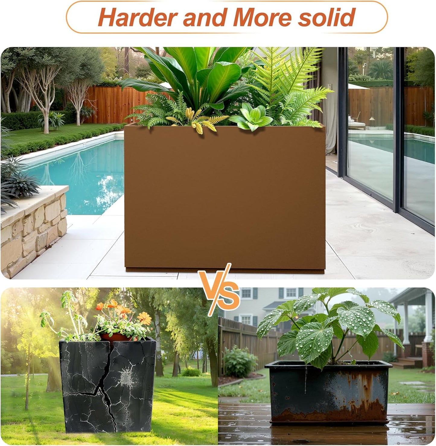 Metal Rectangular Planter for Outdoor Plants, Coated Large Planter Box with Drainage, Outdoor Patio PLanters with Sturdy Thickened Divider for Yard, Garden