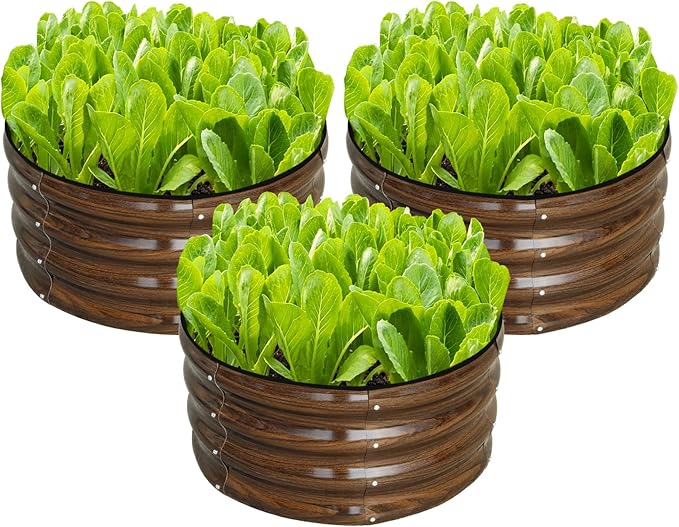 SnugNiture 3 Pcs 2x2x1ft Round Galvanized Raised Garden Bed Kit Outdoor, Metal Planter Box for Planting Plants Vegetables, Brown