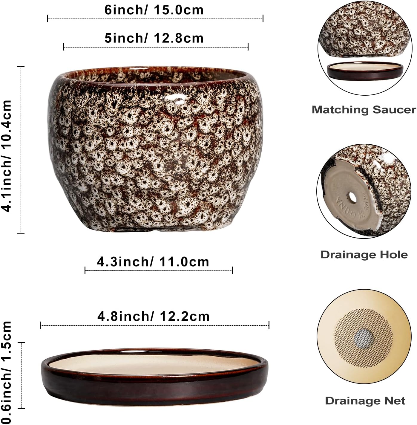 SQOWL Ceramic Plant Pots - 6 Inch Ceramic Planter for Indoor Outdoor, Small Flower Pots with Drainage Hole and Saucer, Decorative Round Planter, Home Office Decor, Plant Lover Gifts, White