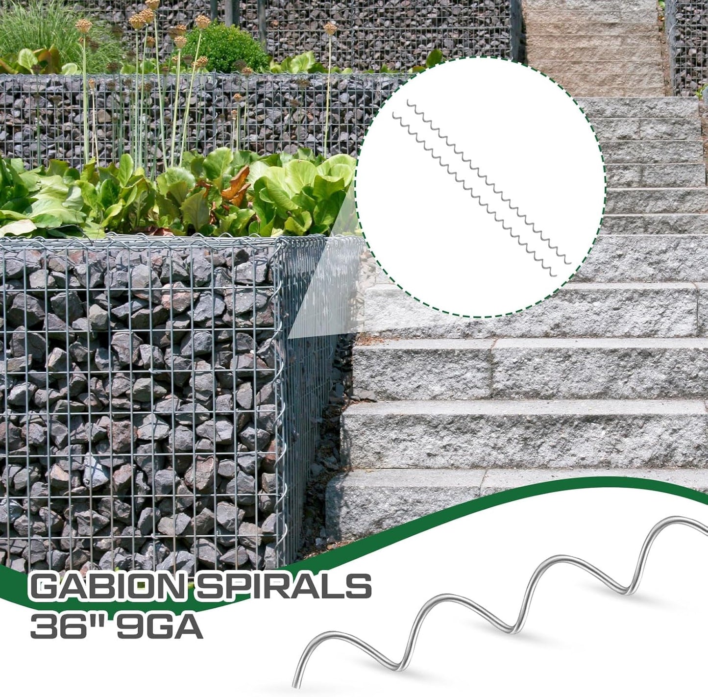 50 Pcs 36" x 2" Gabion Cages Spirals 9ga Galvanized Steel Gabion Spirals Wire for Gabion Cage Install and Connected Stone Gabion Basket Spirals for Garden Projects Quick and Easy Construction