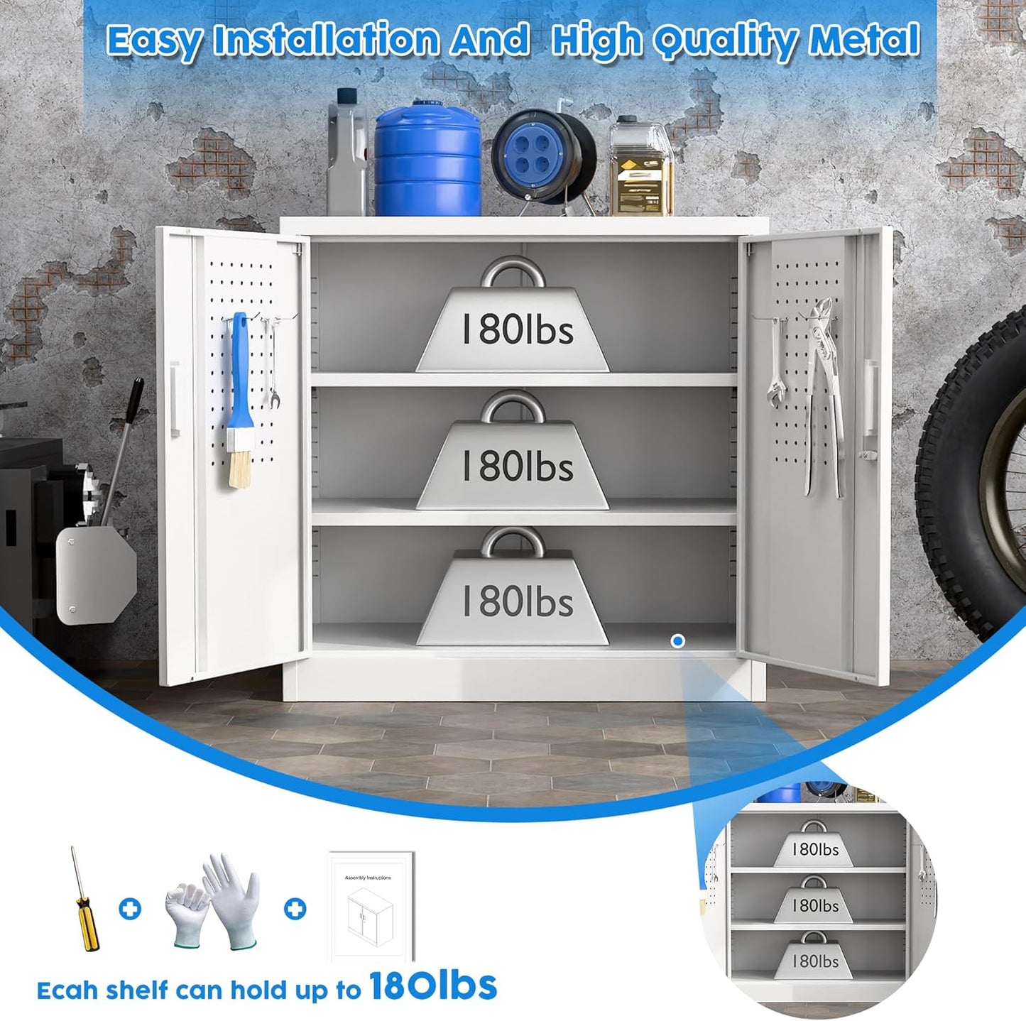 Metal Garage Storage Cabinet with Lock and Pegboard, Steel File Cabinets with 2 Lockable Doors and 2 Adjustable Shelves for Home, School, Office, Garage, Assembly Required, White