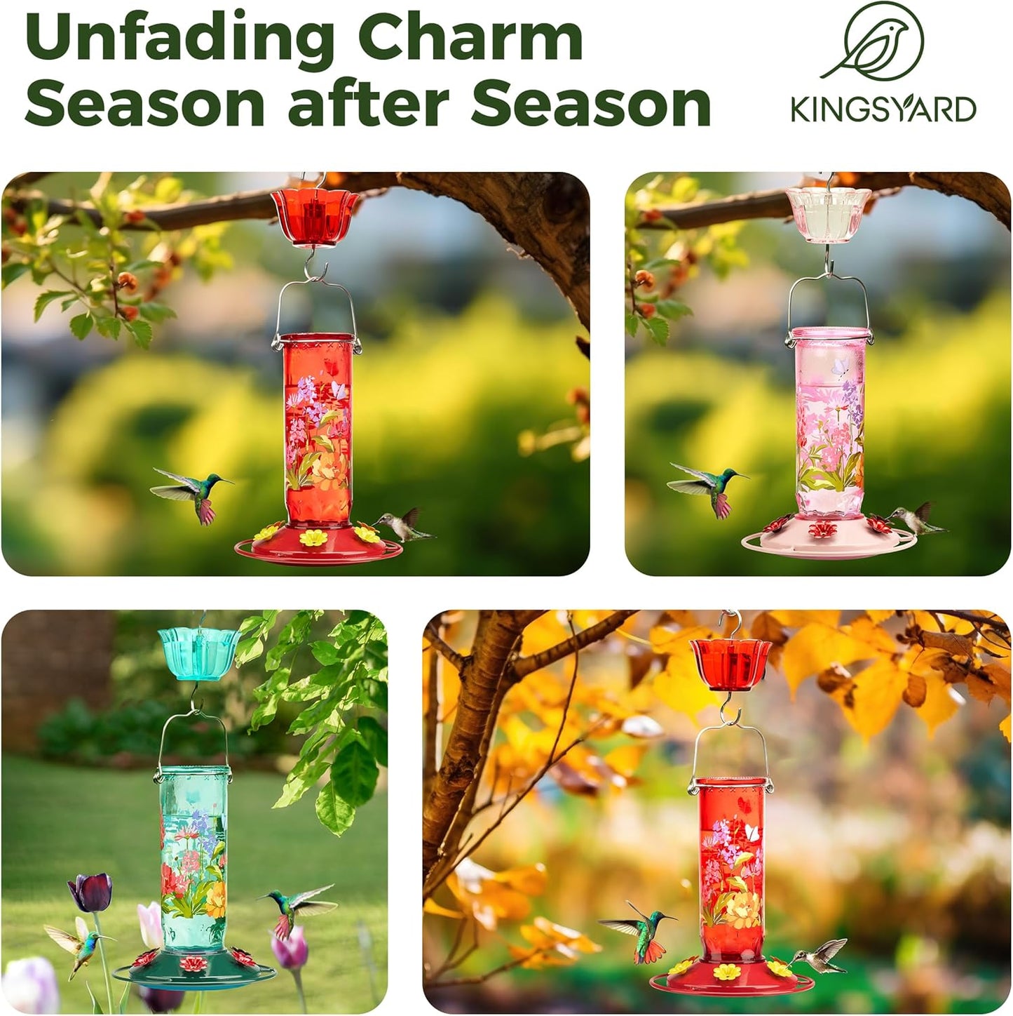 Kingsyard Hummingbird Feeder for Outdoor Hanging - Charming Patterned Glass Humming Bird Feeder with 6 Feeding Ports and Ant Moat, Ideal Gift Choice for Bird Lovers, Pink
