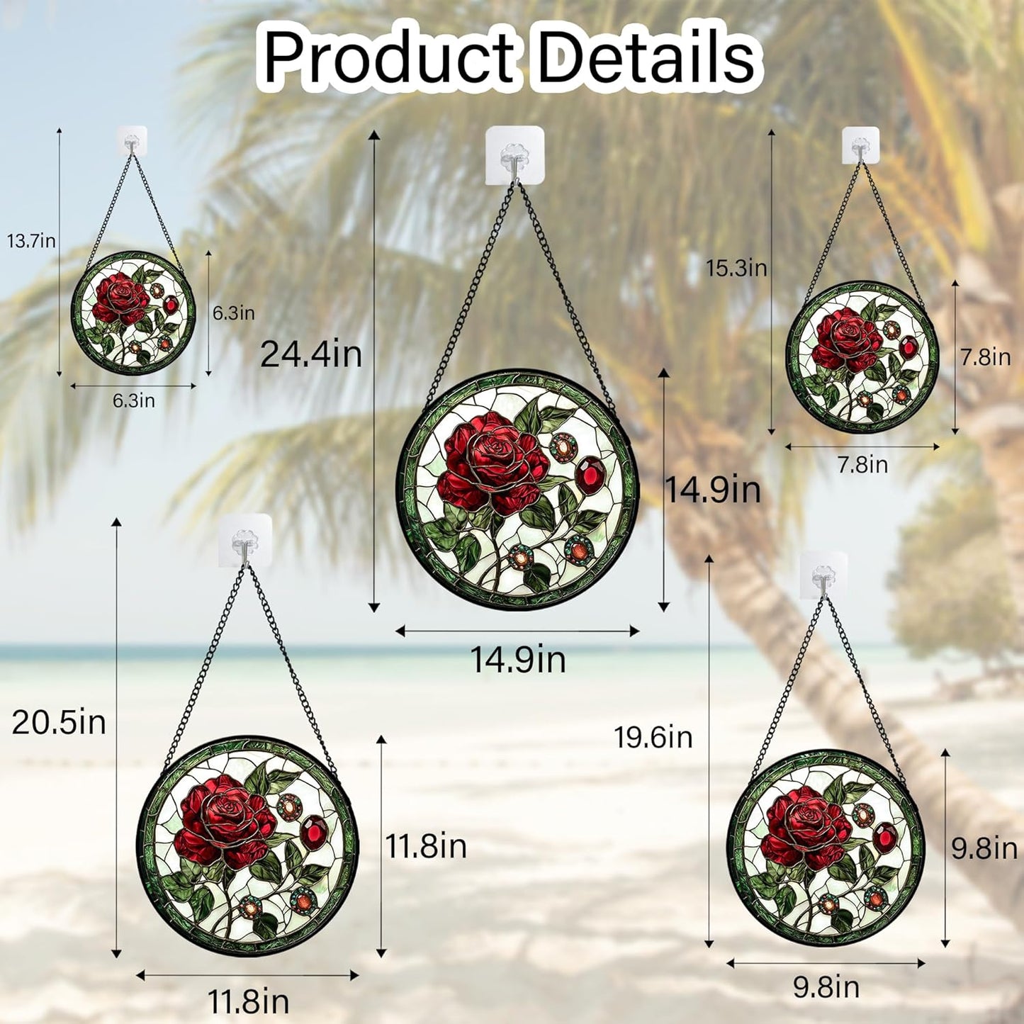 Stained Glass Window Hanging, Red Rose Gemstone Green Sun Catchers Diamond Glass Panel Hangings Suncatcher Decor for Birthday for Women, Men, Wife, Aunt, and Mom 14.9x14.9 in