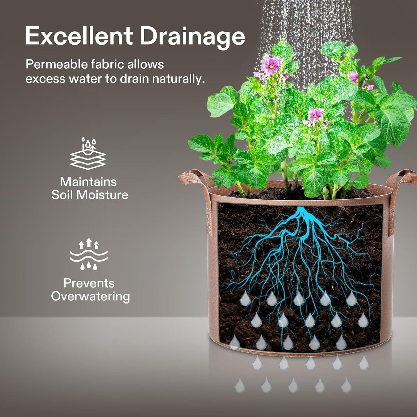 VIVOSUN 5-Pack 15 Gallons Grow Bags Heavy Duty Thickened Nonwoven Fabric Pots with Strap Handles Tan