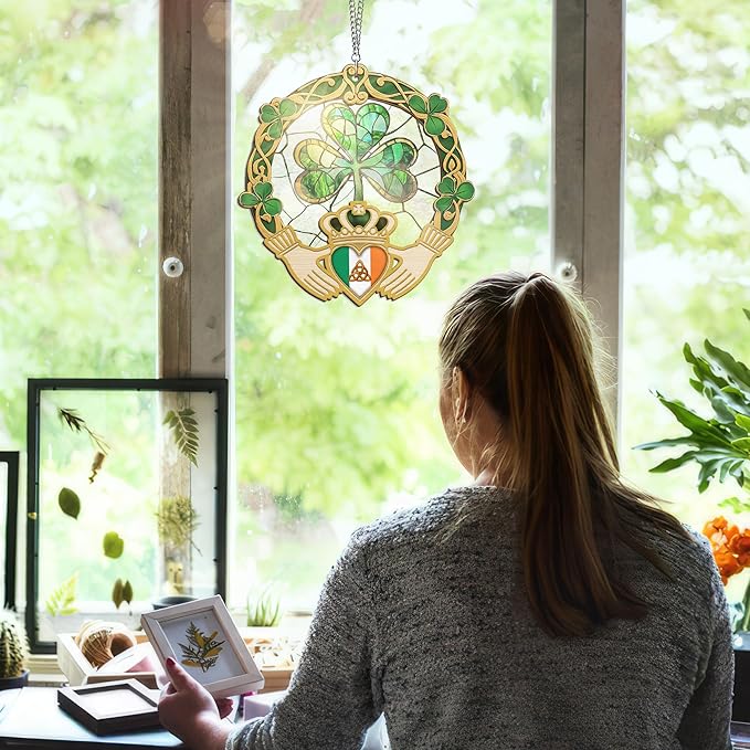 Irish Gifts, Shamrock Decorations - St Patricks Day Decor, Birthday, Christmas, Good Luck, Irish Gifts for Women Men, Claddagh, Celtic Home Decor - Window Suncatcher Hanging Decorations 12 in