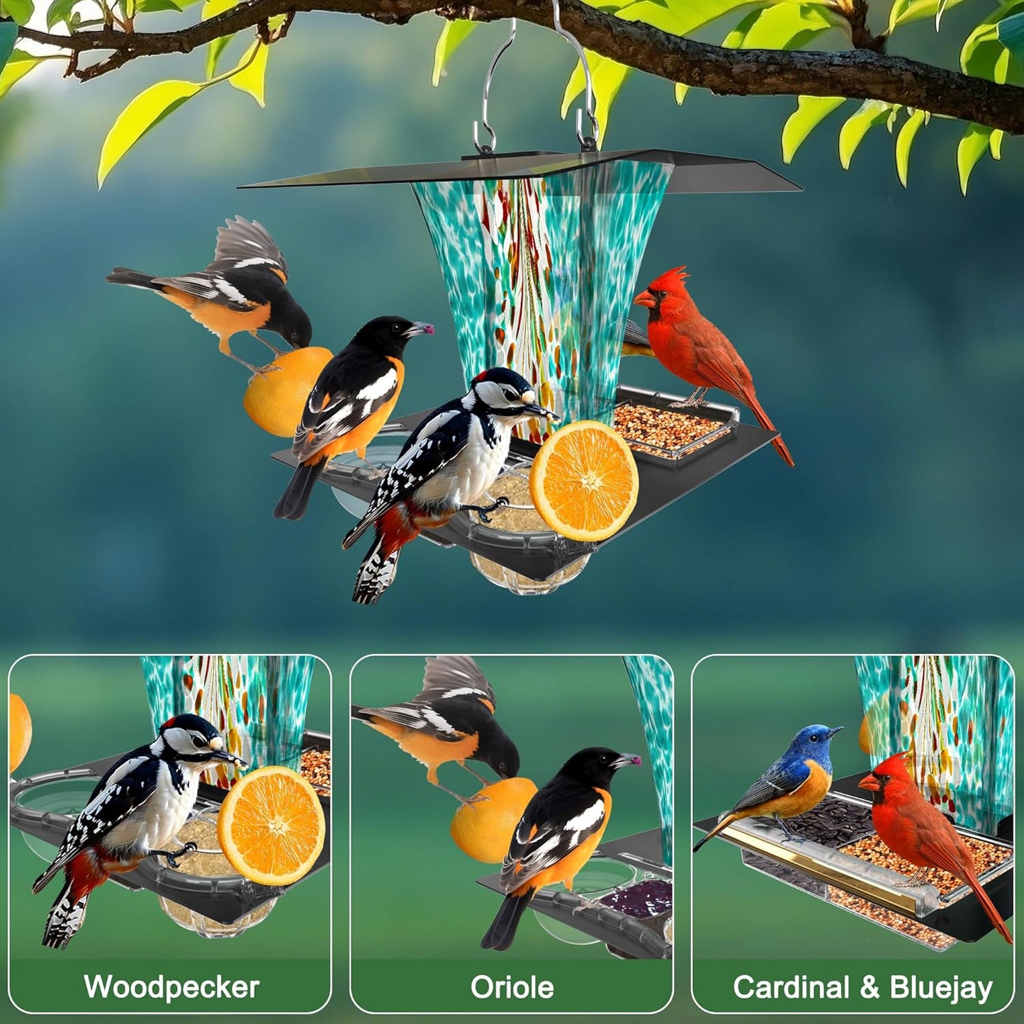 LUJII 6-in-1 Solar Bird Feeder with RGB String Lights, Hand Blown Glass, 2 Removable Trays for Bird Seed, Suet Ball, Mealworm, Oriole Orange Fruit, Jelly or Water, Teal