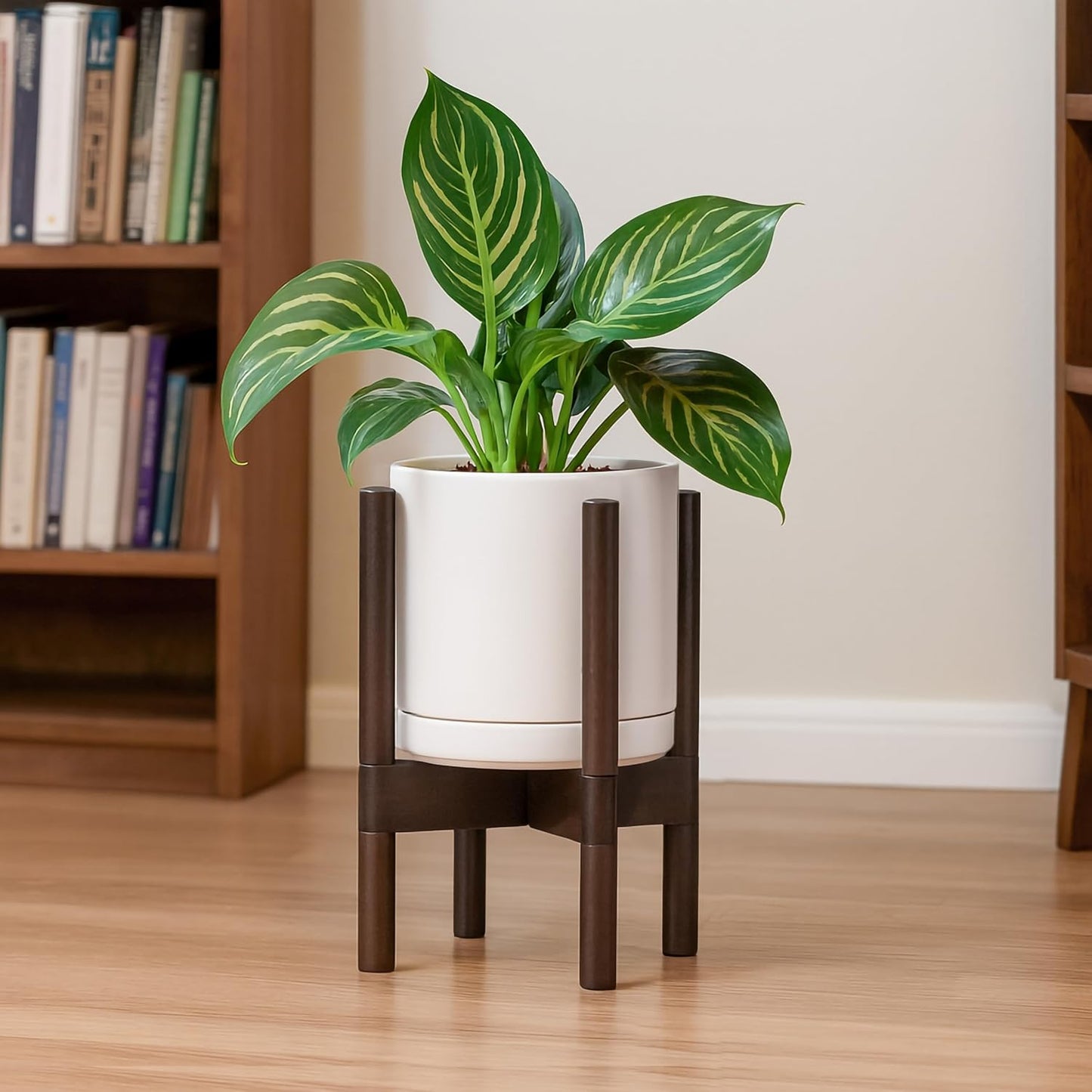 D'vine Dev Ceramic Planter with Walnut Color Stand - 8 Inch Modern Round Flower Pot with Wood Planter Holder, Oatmeal, 55-B-Y-8