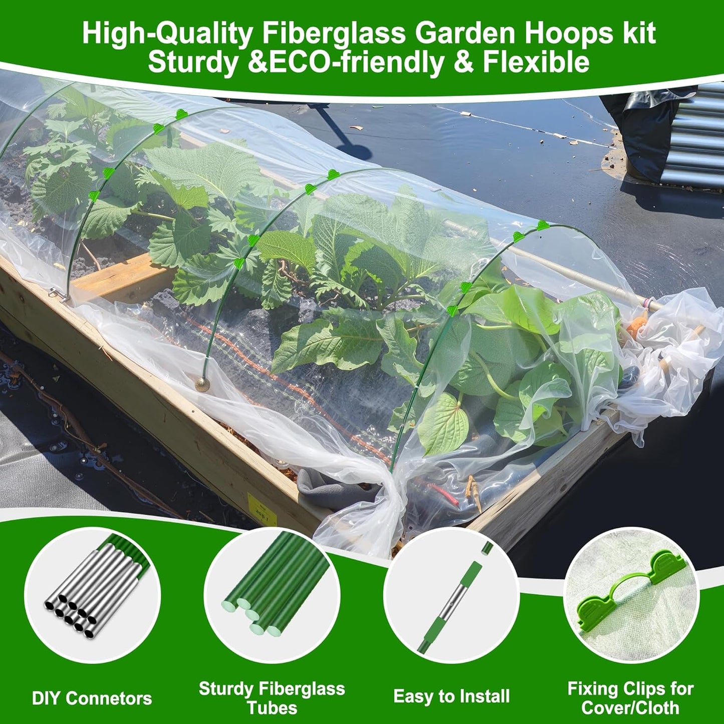 FOTMISHU Garden Hoops for Raised Beds Row Cover,6 Sets 5.6ft Grow Tunnel,Rust-Free Fiberglass Greenhouse Support Hoops Frame for Garden Mesh Netting, Outdoors Plant Growth -24PCS