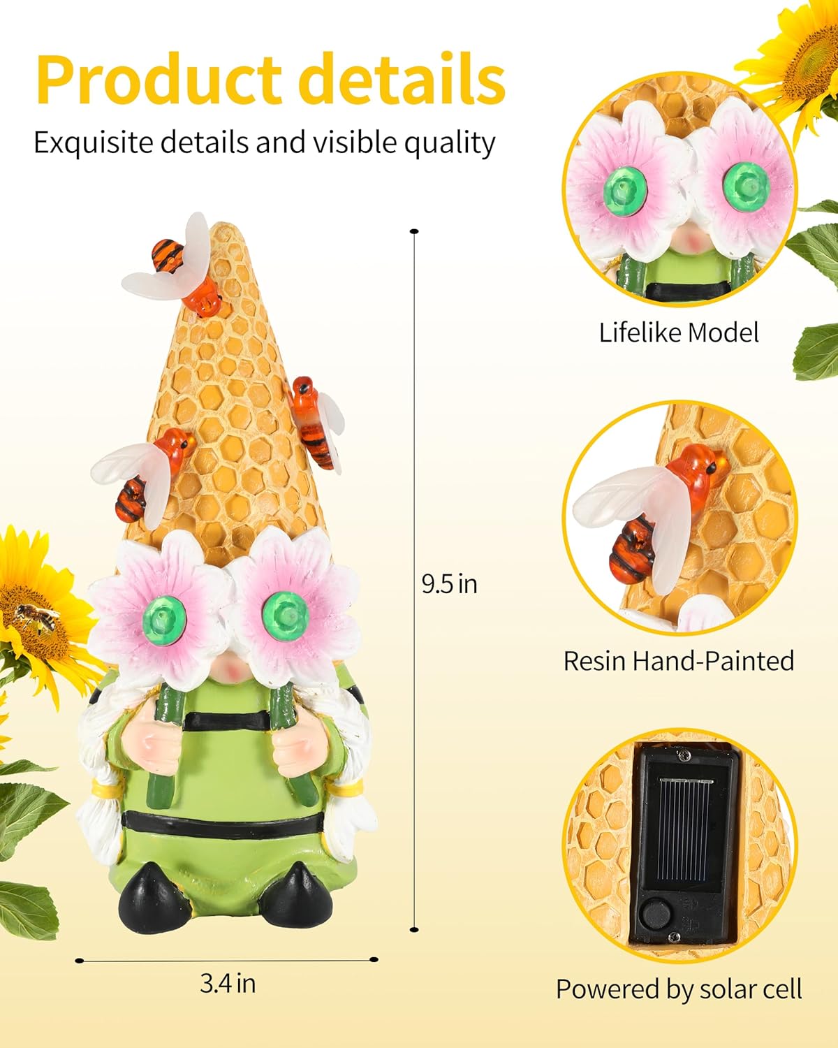 iStatue Solar Garden Gnome Figurine Light with Bees Sunflower, 9.5'' Resin Outdoor Statue for Yard Patio Decor Lawn Ornaments Porch Garden Gifts for Women/Girl (Ms Bee Gnome)