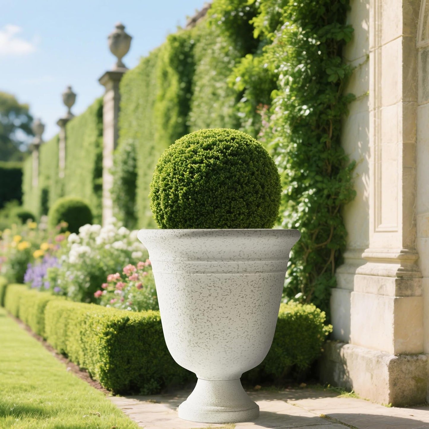 Worth Garden 2-Pack 19.5" H Plastic Urn Planters, Grayish White Large Lightweight Imitation Stone Textured Decorative Flower Plant Pots with Drainage Hole for Indoor Outdoor Patio Front Porch