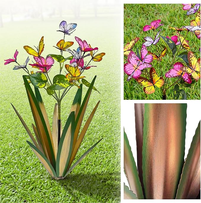 Garden Outdoor Butterfly Enlarge Thickened Wind Resistant Metal Agave Garden Art Metal Plant Country Sculpture Statue Decorations Ornaments Artificial Waterproof Butterflies(Light Green 2pcs)