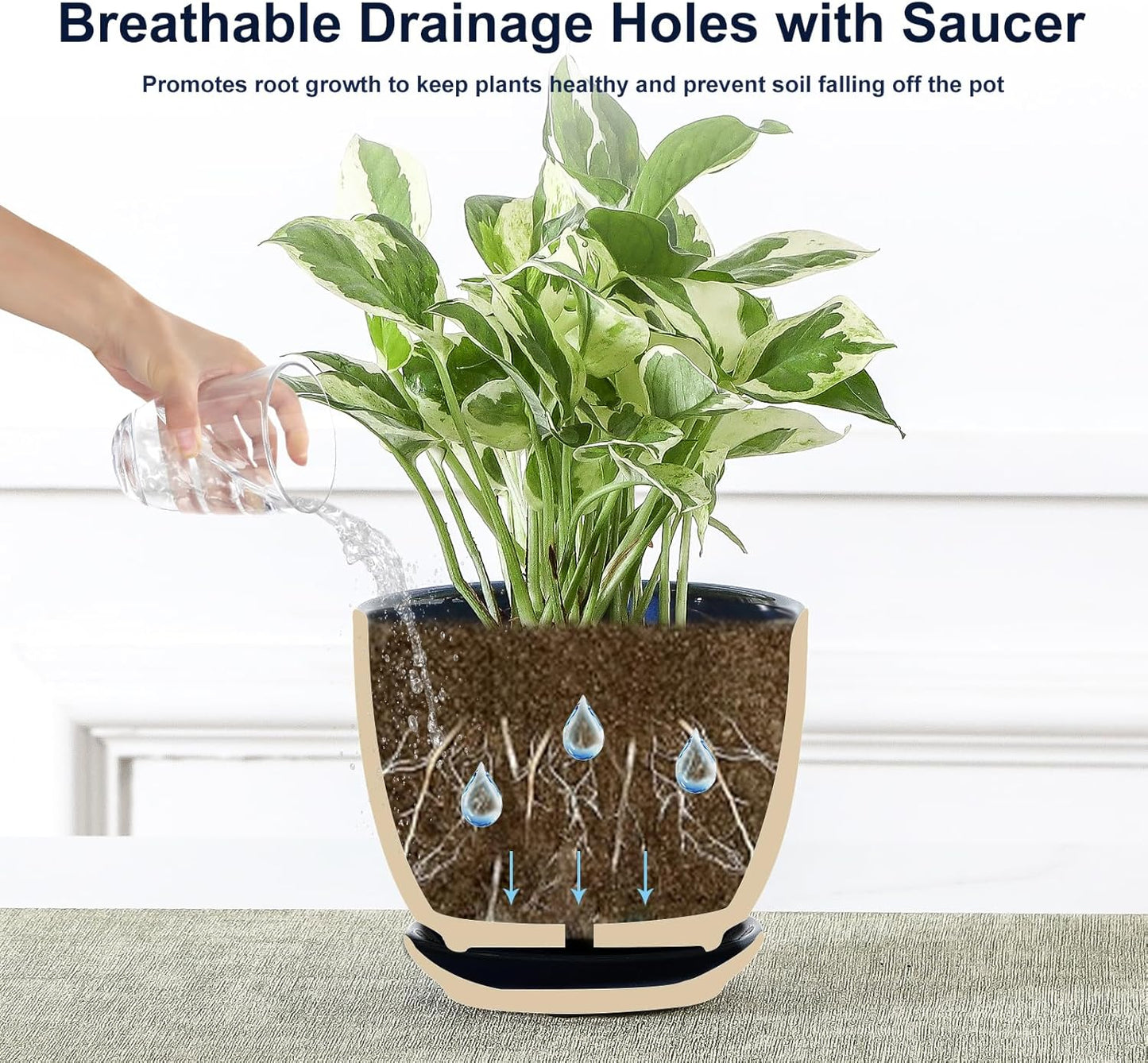 Sureasy Succulent Pots, 3.5 Inch Flower Pots for Indoor Plants, Small Plant Pots with Saucer & Drainage, Decorative Ceramic Planters for Succulent, Cactus, Set of 4, Blue