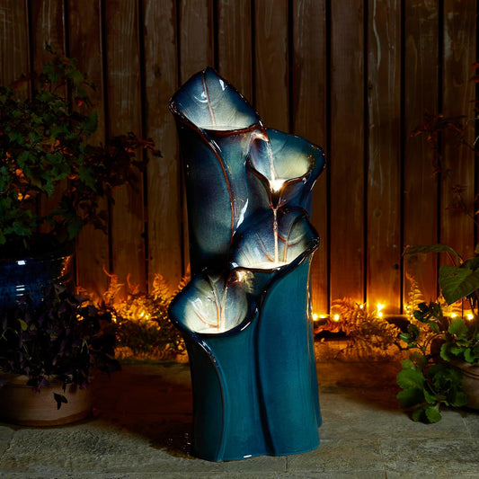 Glitzhome 31.25" H Outdoor Water Fountain with LED Lights and Pump, 4 Tier Turquoise Lotus Leaf Textured Ceramic Floor Standing Fountain, Vase Waterfall Fountains for Porch Deck Garden Patio Backyard