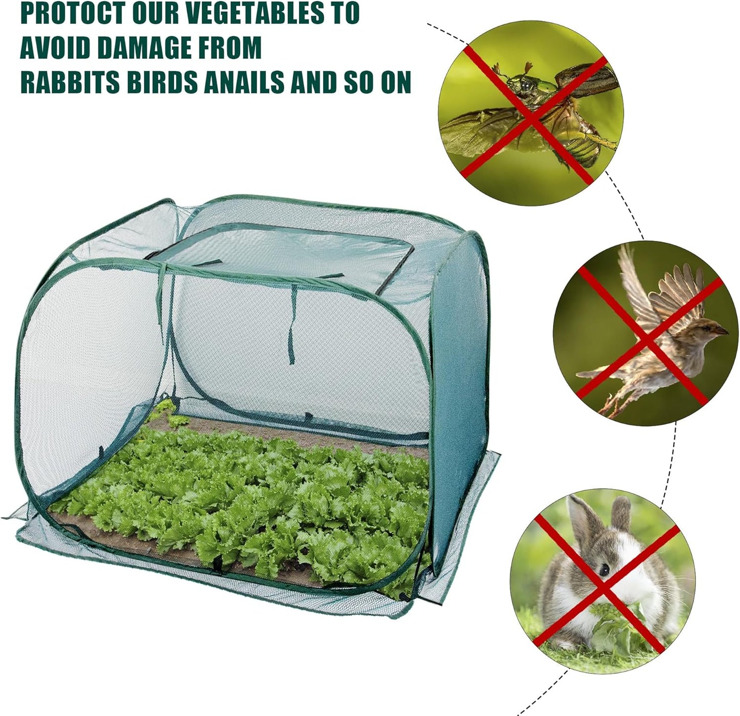 Pop Up Mesh Plant Cover, Plant Protector for Raised Garden & Flower Bed, Net Cage Plant Guard for Fruits, Vegetables, Seedlings and Herbs, 8 Ground Stakes for Fixing.