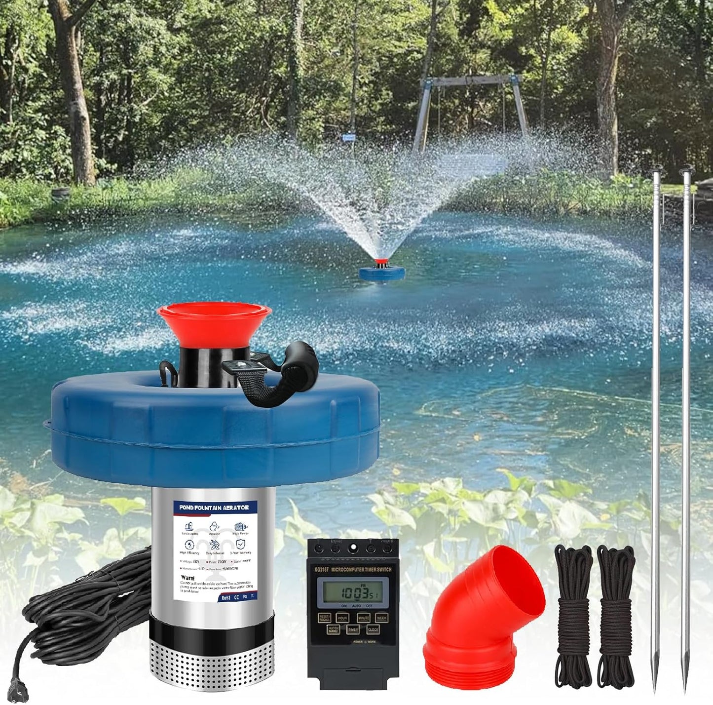 Pond Fountain Aerator 1 HP, 110V 750W -Pond Fountain 15000 GPH Floating Aerator Pump-100ft Power Cord -For Ponds and Lakes 2025 Latest model