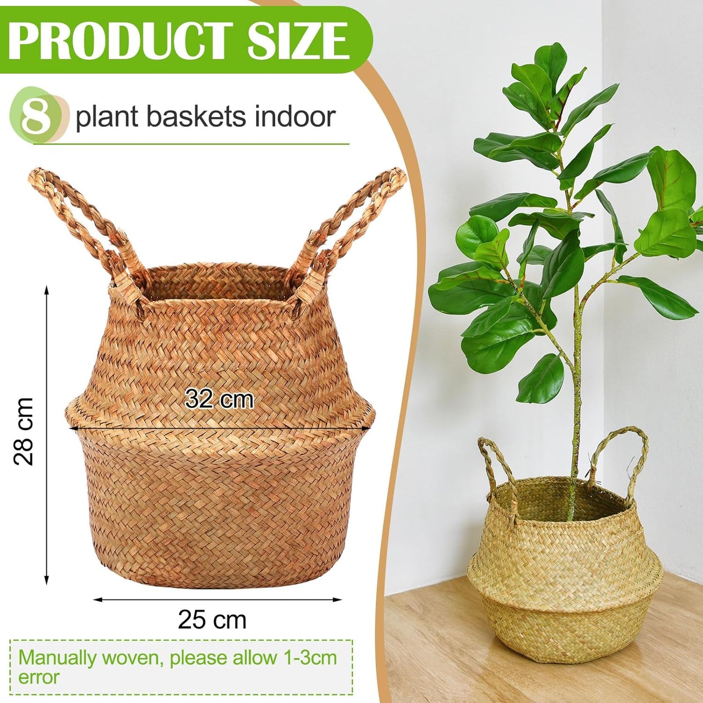 Qunclay Woven Seagrass Baskets Belly Basket Folding Boho Natural Plant Pot with Handles Round Decorative Wicker Large Indoor Planter for Home Outdoor Tree Planters Decor(12 x 11 Inch, 8 Pcs)