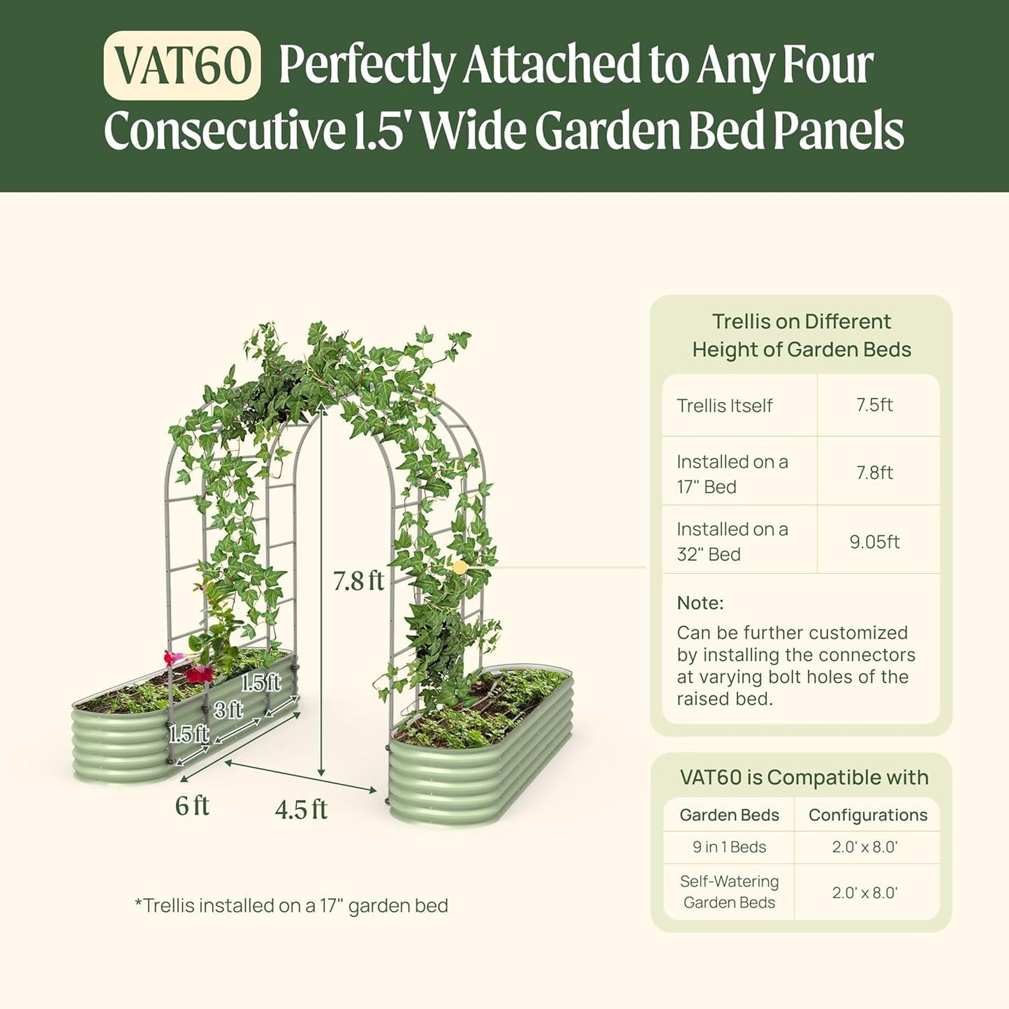 Vego Garden Modular Arched Trellis System Triple Section 6.0' Long Trellis for 2.0' x 8.0' (9 in 1) Garden Bed