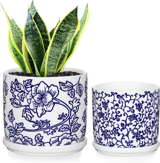 Set of 2 Blue and White Ceramic Plant Pots with Drainage Hole and Saucers, Retro Blue Porcelain Vase Round Planters for Succulent Cactus Indoor Outdoor Garden Home Desktop Decor, 4.5+5.5 Inch
