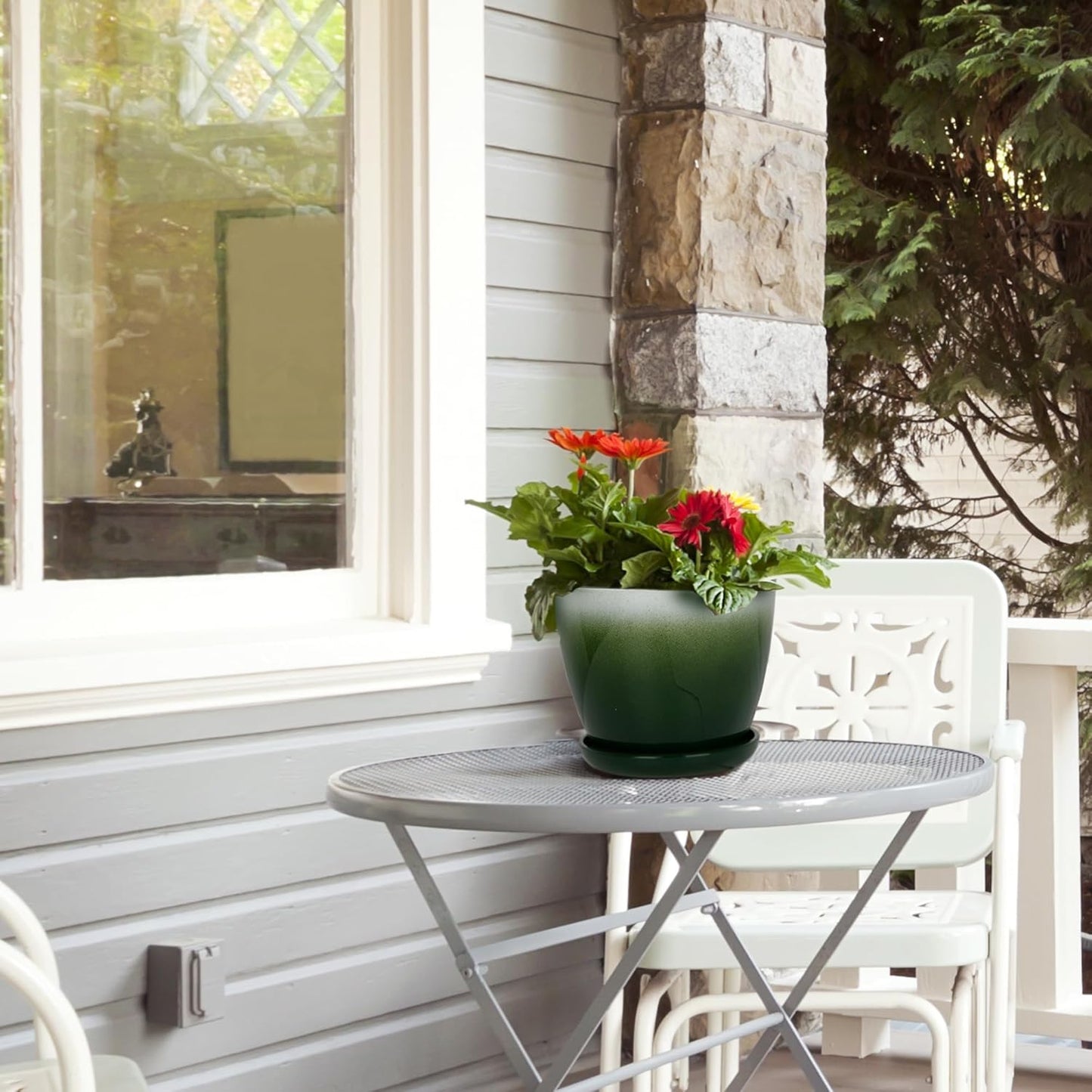 Worth Garden Plastic Round 8" Plant Pots - Set of 6 Multicolor Small Gloss Flower Pot Planters with Drainage Hole and Saucer - Home Decorative Christmas Containers