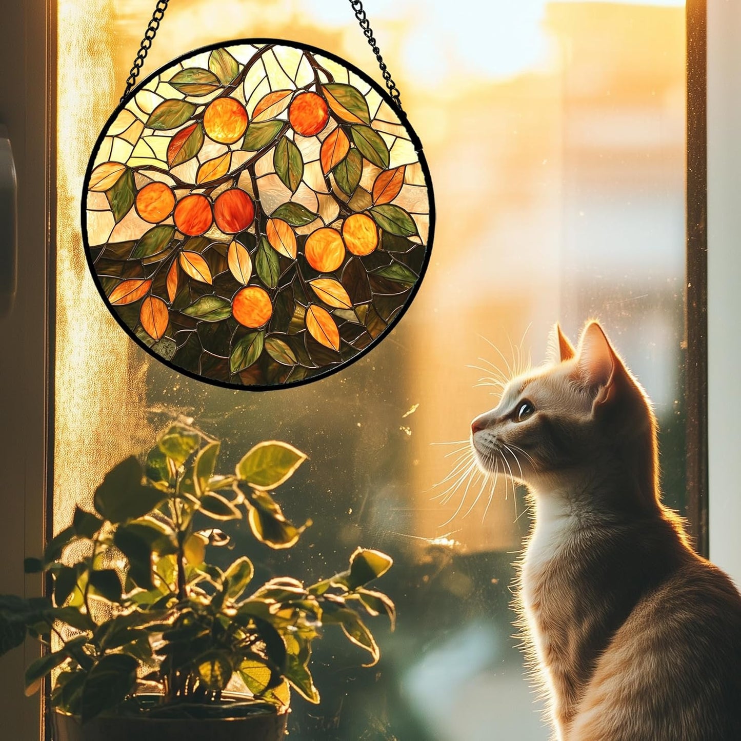 Stained Glass Suncatcher, Orange Green Fruit Tree Sun Catcher Landscape Stain Glass Window Hanging Decoration Mother's Day Birthday Gifts for Women Men Mom Nana 11.8 in