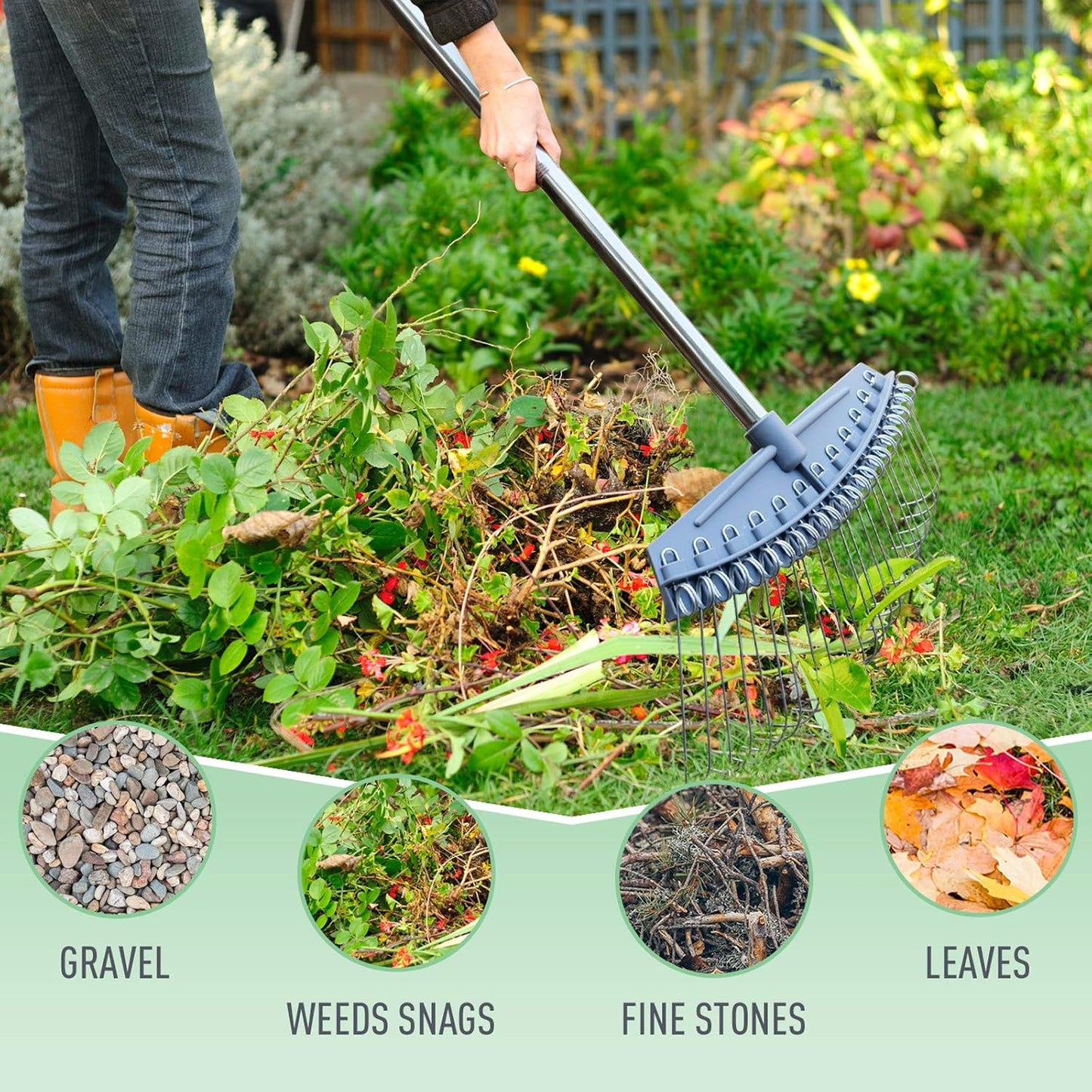 Thatch Rake Adjustable, Dethatcher Rakes 17"-63", Wide with 24 Metal Tines, Lightweight Garden Thatching Rakes Used for Mulch ,Leaves, Debris, Pine Needles, Shrub, Gravel