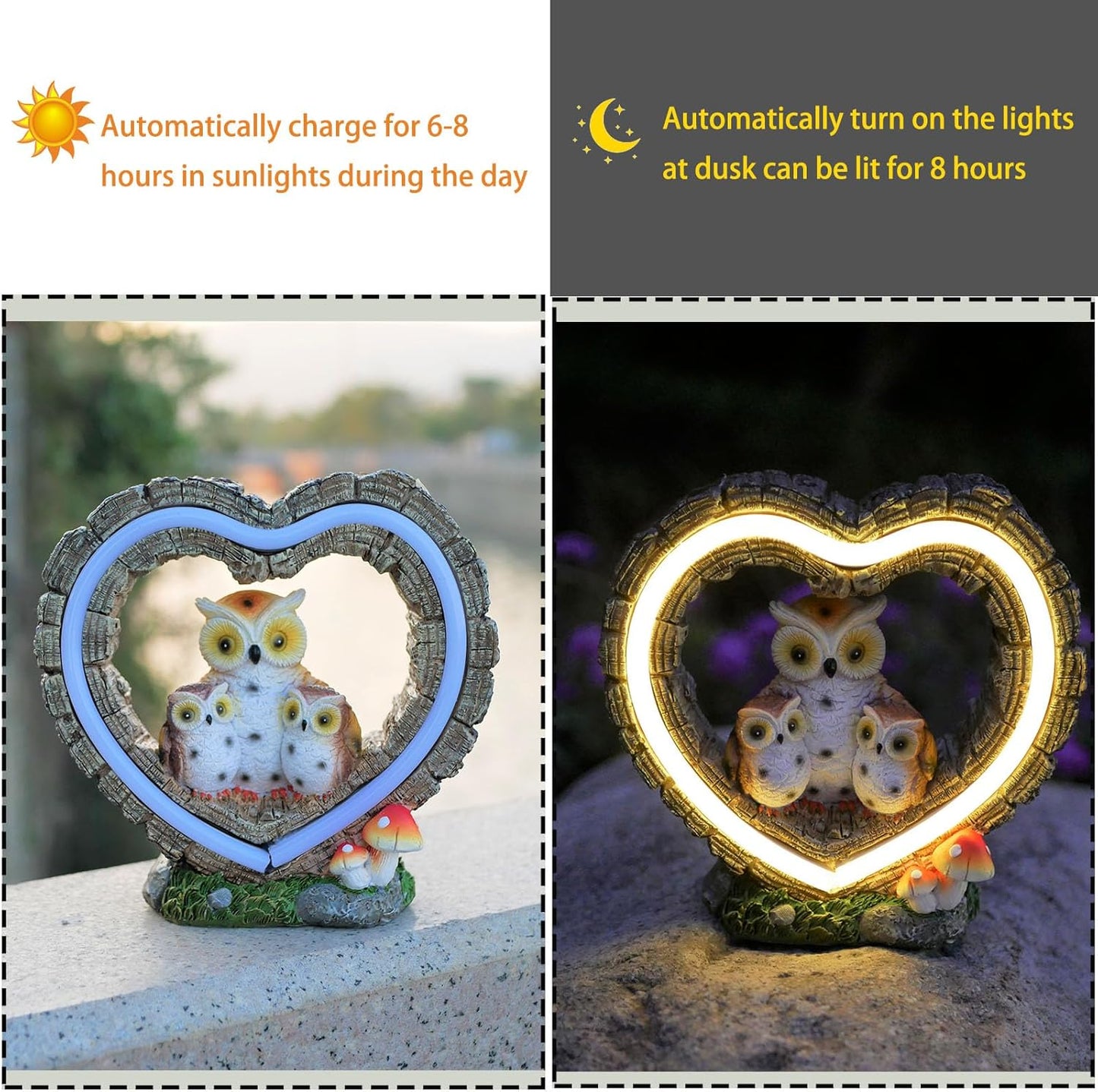 Solar Owl Garden Statue, Outdoor Waterproof Handmade Resin Statue,Garden Sculpture with Solar LED Lights, Warm Owl Statue Decoration, Suitable for Roads, Yards, lawns (Warm Owl Family)