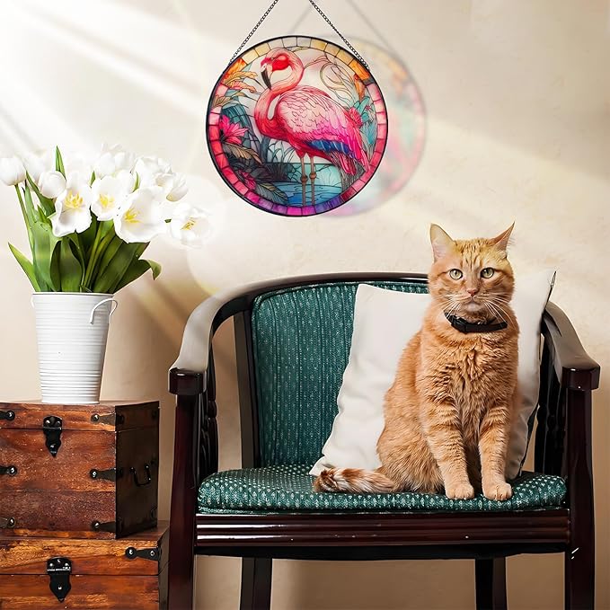 RIVEENY Flamingos Sun Catcher Stained Glass,8" Flamingos Gifts for Women,Stained Glass Window Hanging,Red Birds Sun Catchers for Windows, Hand Painted Glass for Birds Lover