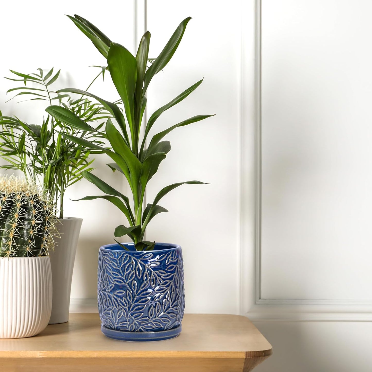 D'vine Dev 5 Inch Embossed Leaves Stoneware Planter Pot with Drainage Hole and Saucer, Midnight Blue, 27-A-V-3