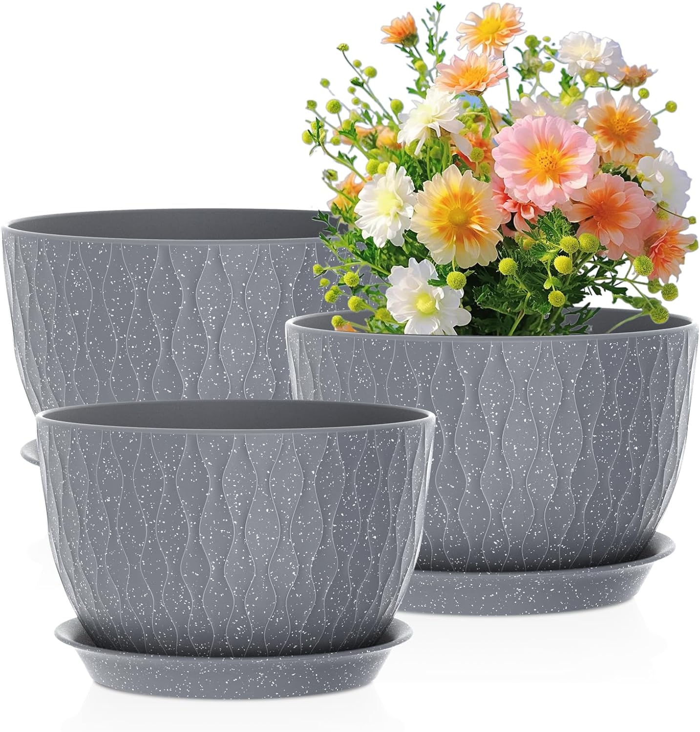 Large Flower Pots 12/10/9 inch, 3 Set Big Plant Pots for Outdoor Indoor Plants with Water Ripples, Wide Plastic Planters with Drainage Holes and Saucers for Garden House Plants, Speckled Grey