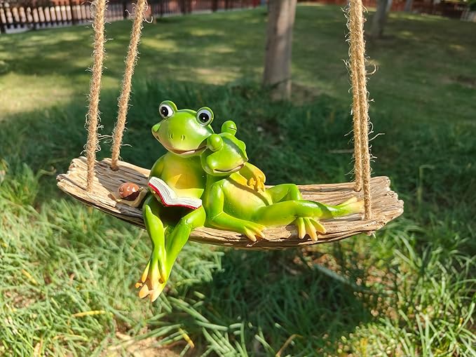 Artisan Flair Hanging Swing Frog Statues - Frog Statues for Garden Outdoors, Reading Book Frog Statue Figurine, Resin Couple Frog Statue for Garden, Balcony, Tree Decoration