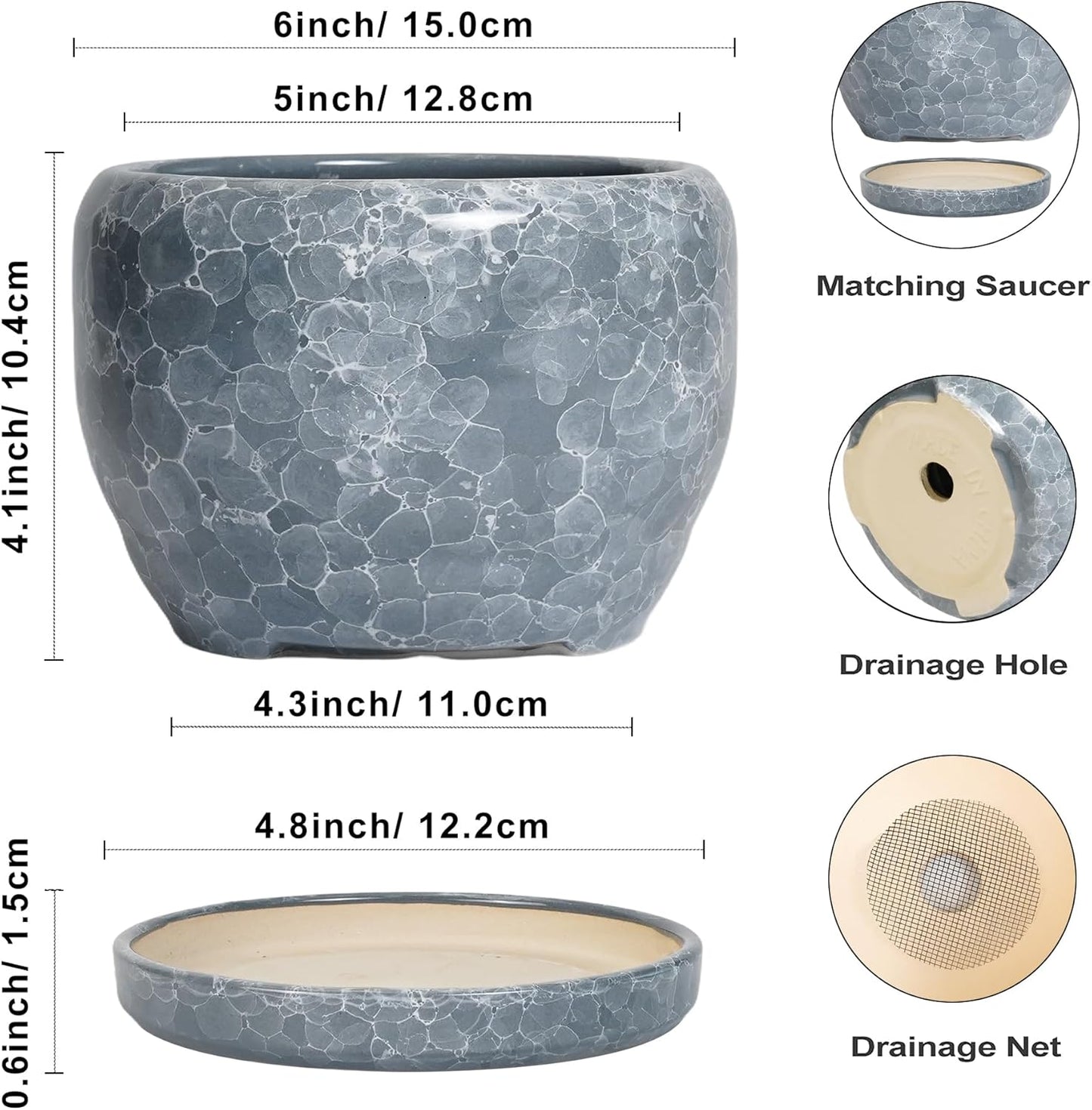 SQOWL 6 Inch Plant pots Indoor - Ceramic Planter with Drainage Hole and Saucer, Ceramic Flower Pot Outdoor, Decorative Round Planter, Home Decor Living Room, Gifts for Plant Lovers, Gray