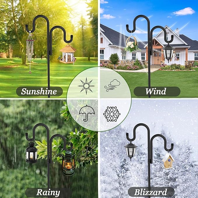 Double Shepherds Hooks for Outdoor, Bird Feeder Pole with 5 Prongs Base, Heavy Duty Garden Hook for Lantern, Wind Chime and Hummingbird Feeder, 62 Inch, 2 Pack