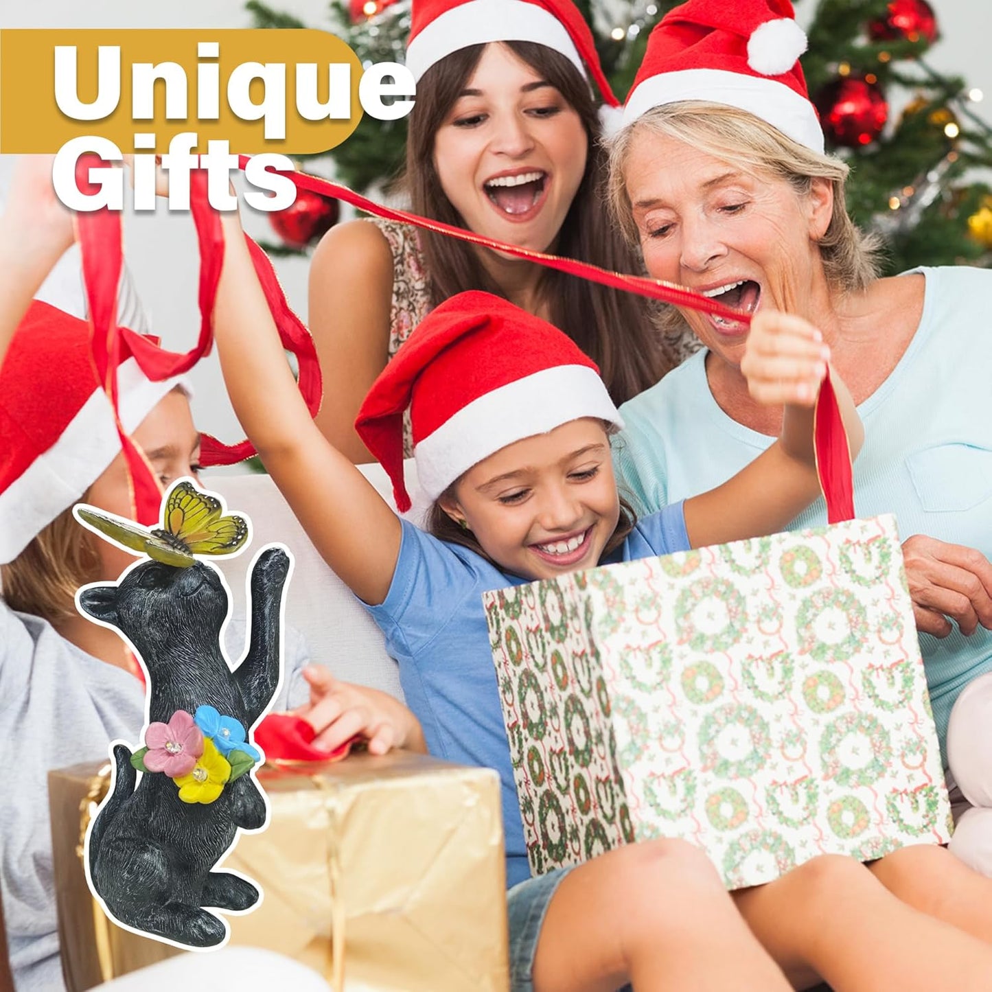 Solar Cat Garden Decoration Outdoor Statues - Cat with Butterfly Flowers Decorative Figurine for Yard Patio Lawn Porch Pathway Landscape Ornament Funny Birthday Gift for Mom Women