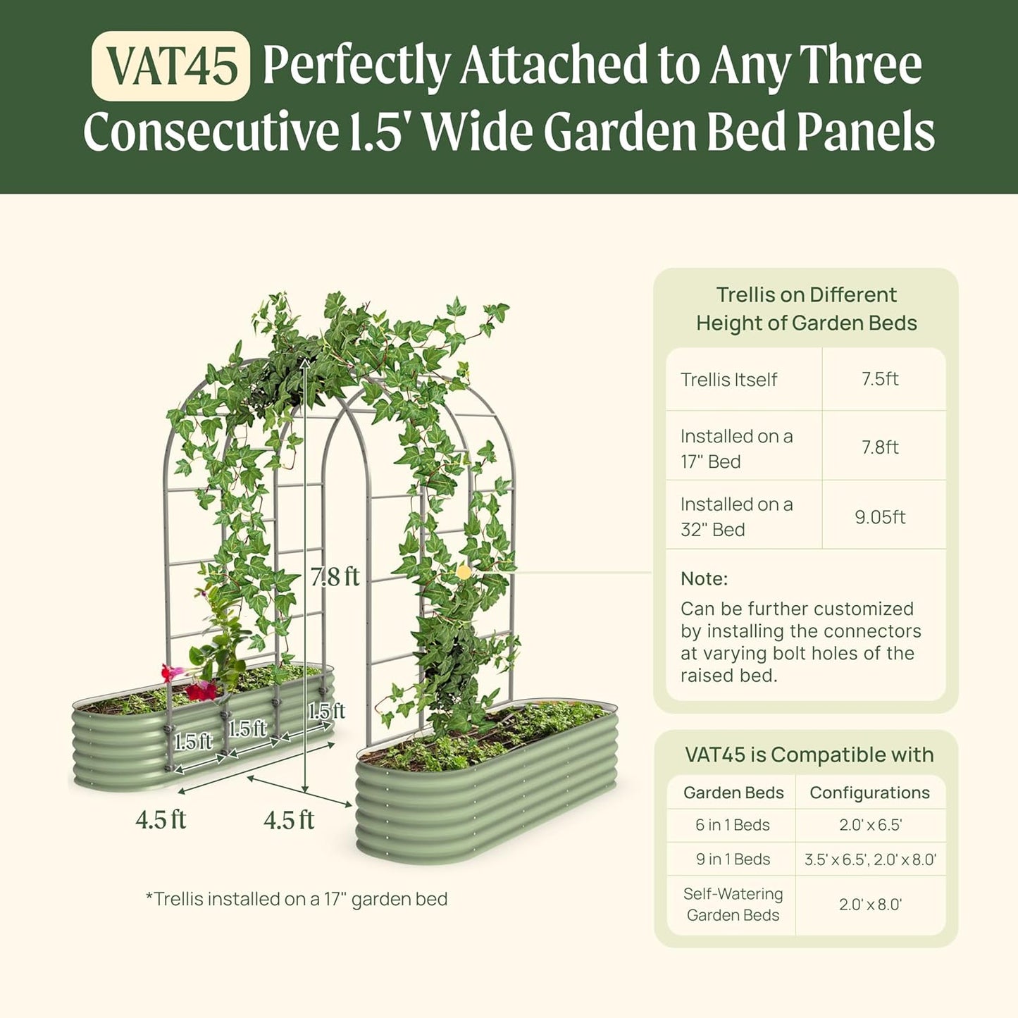 Vego Garden Modular Arched Trellis System 4.5' Long Trellis for 2.0' x 6.5' (6 in 1) Garden Bed or 3.5' x 6.5' (9 in 1) Garden Bed