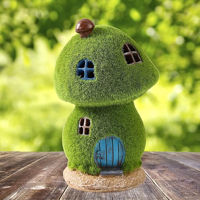 Mushroom Fairy House Decor - Figurine Lights Outdoor Solar Fairy Garden House for Patio Lawn Yard Ornaments, Housewarming Gift 7.4 inch
