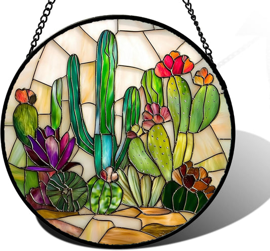 Stained Glass Window Hanging, White Green Cactus Suncatcher Diamond Glass Panel Hangings Sun Catchers Decor for Birthday for Women, Men, Wife, Aunt, and Mom 7.8 in