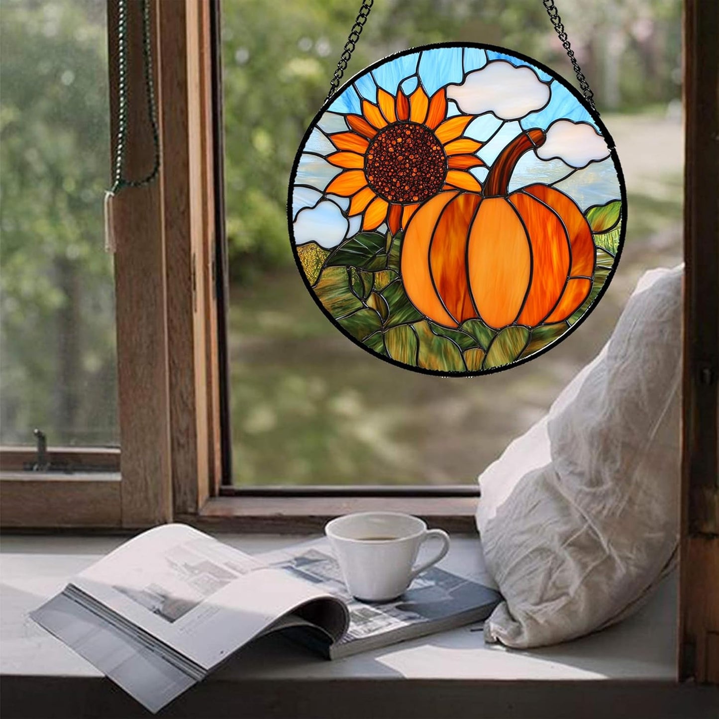 Stained Glass Window Hanging Fall Farm Scenery Sunflower Pumpkin 7.8" - Suncatcher Door Garden Kitchen Sunroom Sun Catcher Home Decor Birthday for Mom Grandma Men Woman