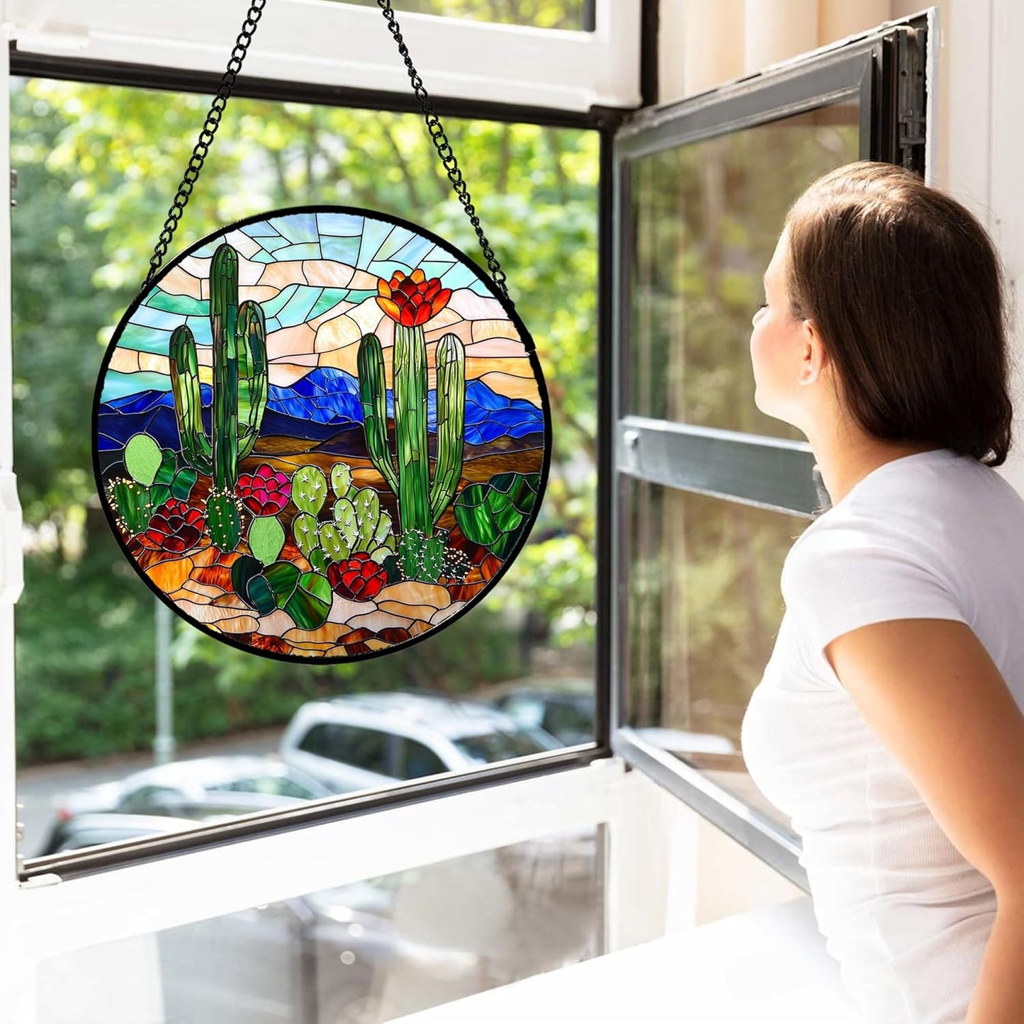 Stained Glass Window Hanging, Green Cactus Suncatcher for Doors Window Home Plant Landscape Sun Catchers Decoration Mother's Day Birthday Gifts for Women, Men, and Mom 15 in