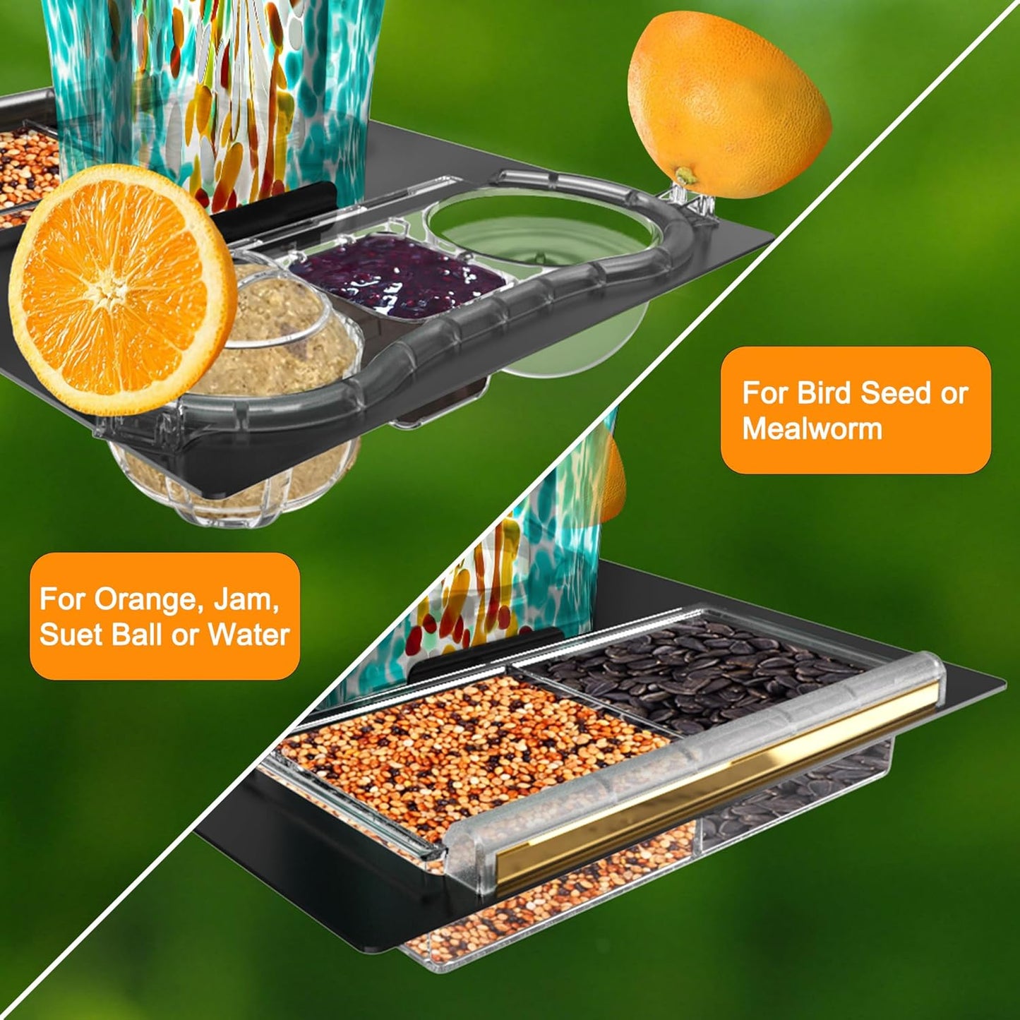 LUJII 6-in-1 Solar Bird Feeder with RGB String Lights, Hand Blown Glass, 2 Removable Trays for Bird Seed, Suet Ball, Mealworm, Oriole Orange Fruit, Jelly or Water, Teal
