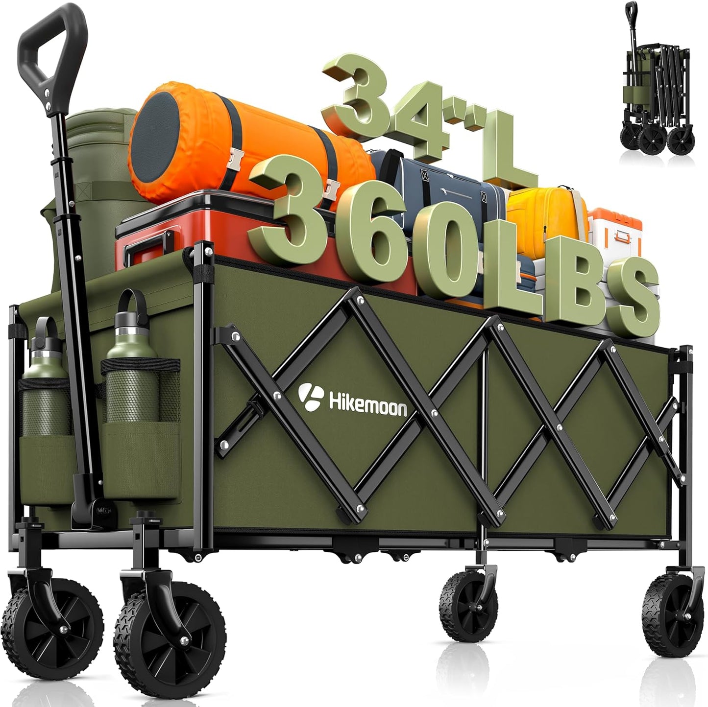 34'' Extra Long Collapsible Wagons Carts Foldable, 360LBS Heavy Duty Folding Beach Wagon with Wheels, Portable Utility Outdoor Cart for Grocery, Garden, Sports, Camping, Green