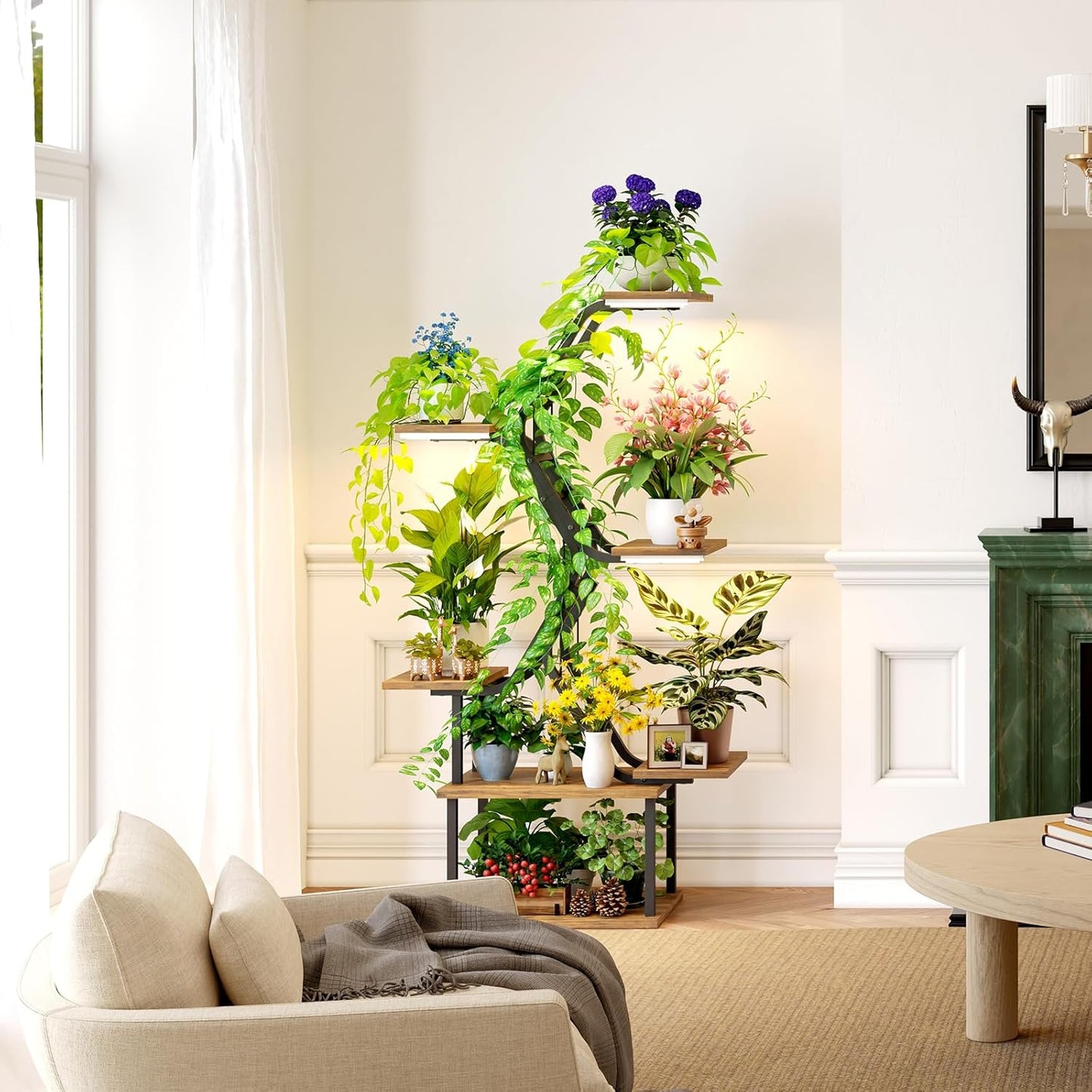 Black Plant Shelves with Grow Lights: 7-Tier 65" Tall Stand for Indoor Corners, Living Room Display or Bedroom Gardening Rack