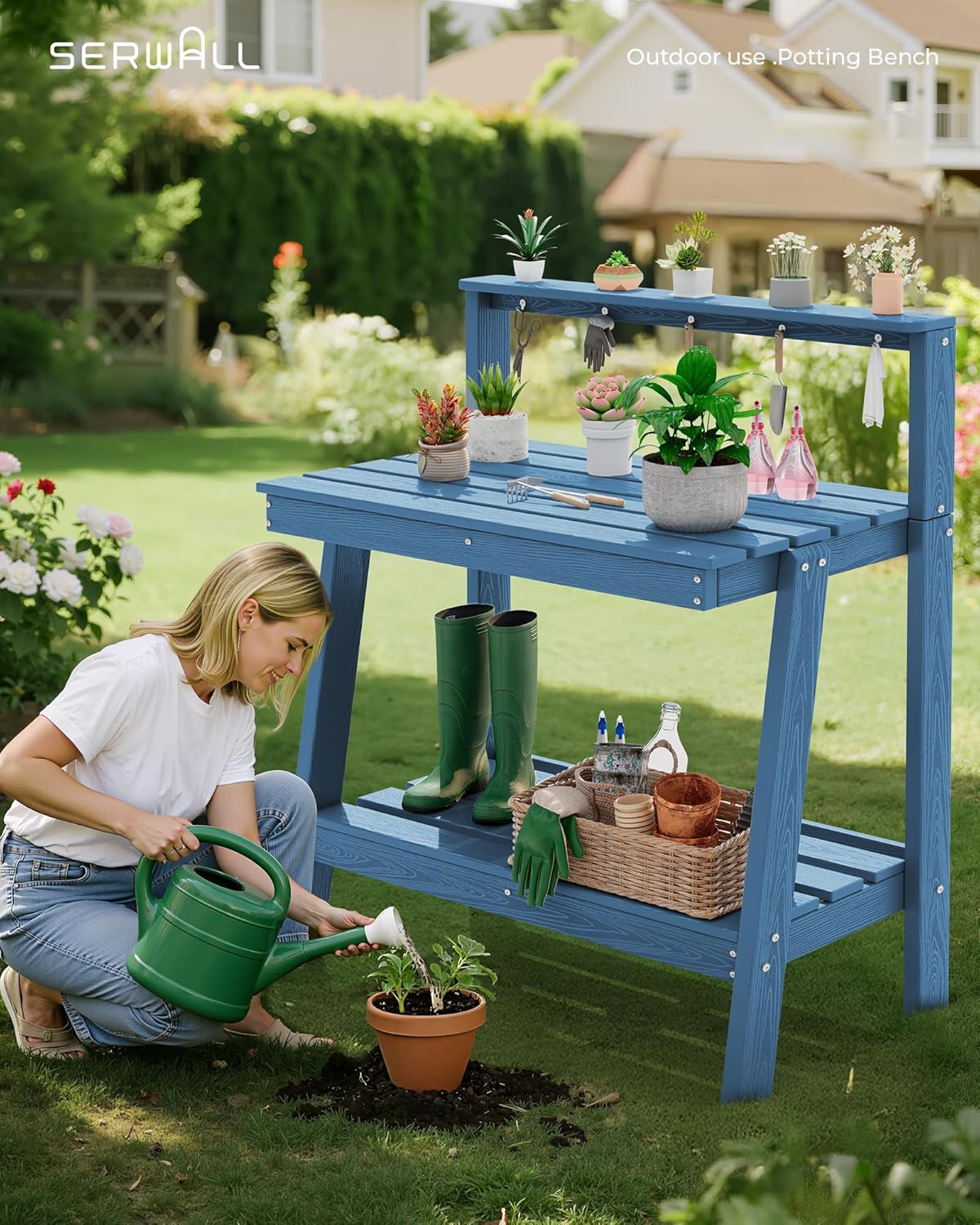 SERWALL Potting Bench Outdoor with Storage, 3-Tier HDPE Gardening Table with Angled Legs & Tool Hooks, All-Weather Heavy Duty Potting Table for Patio, Backyard, Garden, Blue