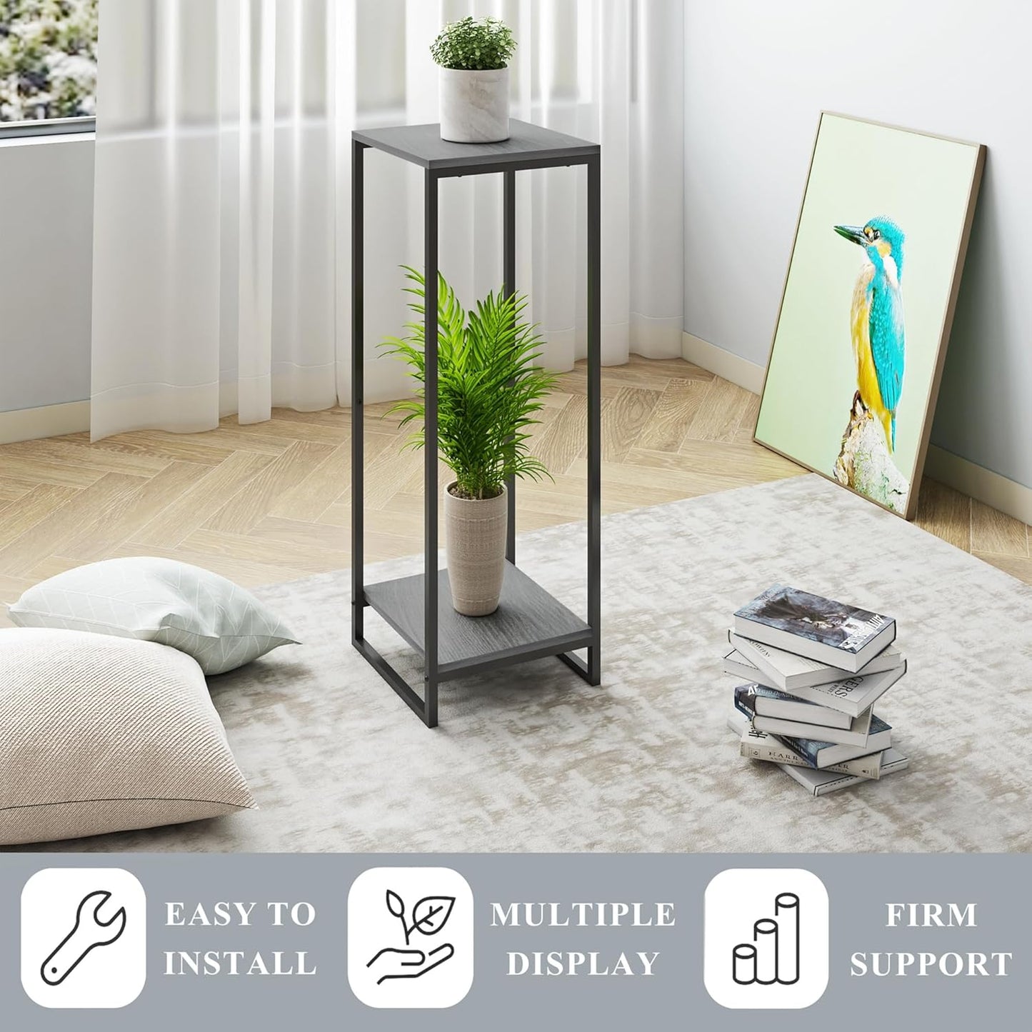 34" Tall Plant Stand Indoor, 2-Tier Modern Plant Shelf, Corner Flower Pot Holder Organizer for Living Room Balcony Patio Garden (Oak Grey)