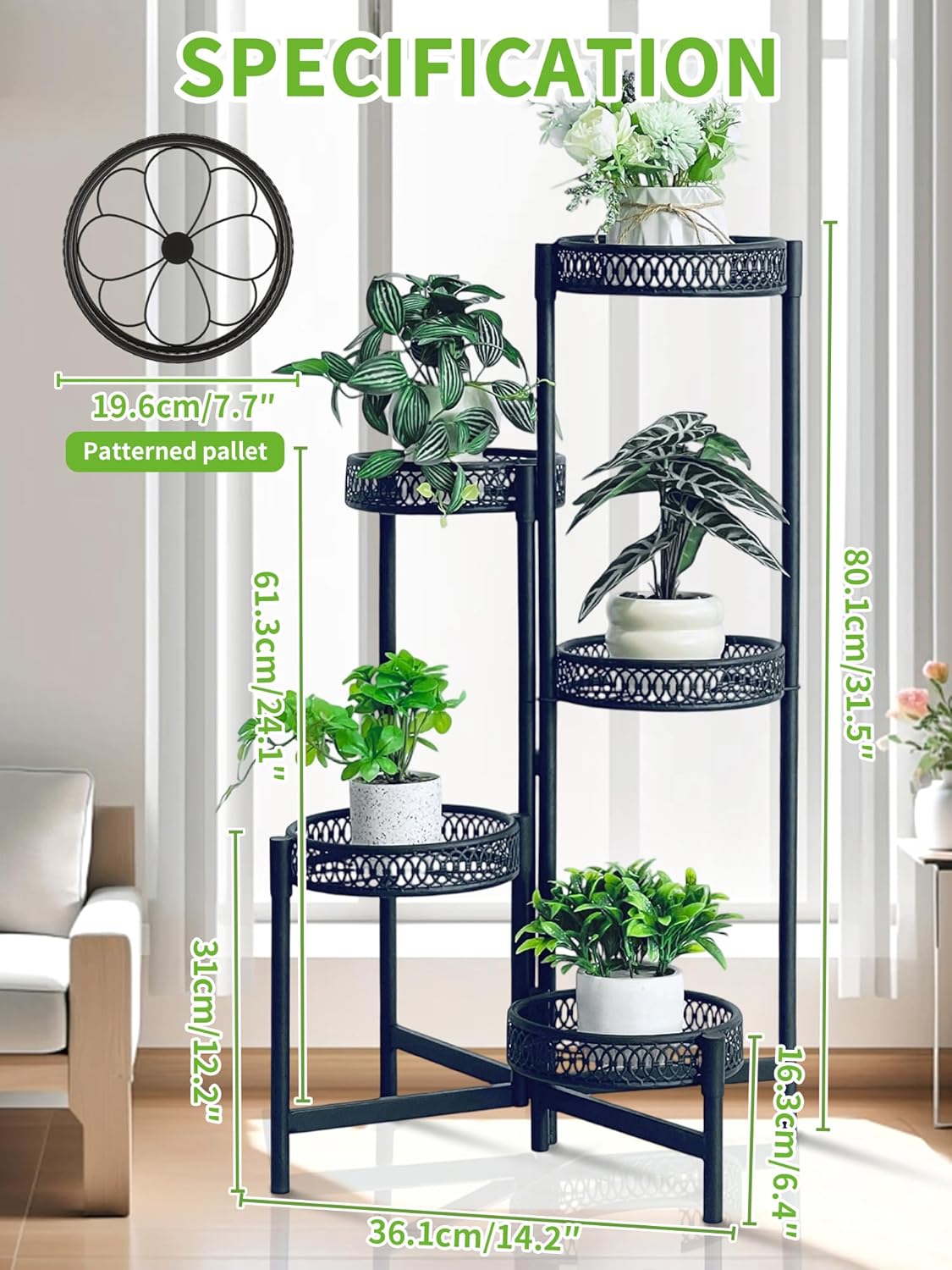 Plant Stand Indoor Outdoor, 5 Tier Corner Metal Flower Display Holder Stand, Folding Tall Plant Rack for Patio Balcony Porch Garden Living Room House, Heavy Duty Wrought Iron Plant Shelf - BlackFlower