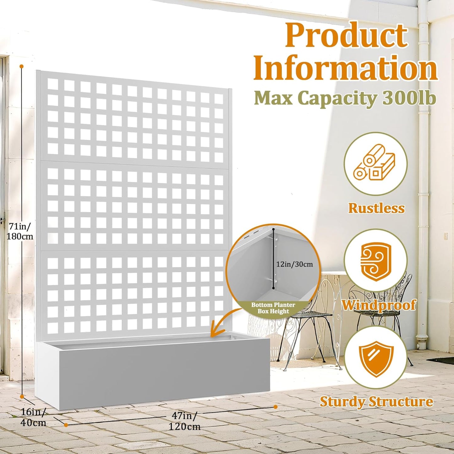 Metal Planter Box with Trellis, Heavy-Duty Raised Garden Bed for Climbing Plants, Drainage Hole, Outdoor Planter Box with Privacy Screen，47''L×16''W×71''H