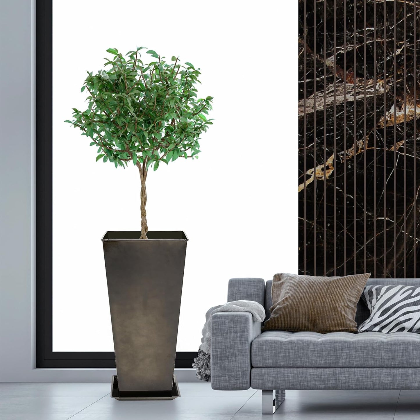 KOL 25''H. Bright Glazed Planter with Drainage Hole, Set of 2, Tall Galvanized Steel Planter Pots with Saucer for Indoor & Outdoor Use, Decorative Flower Plant Pots for Porch, Patio, Deck - Black