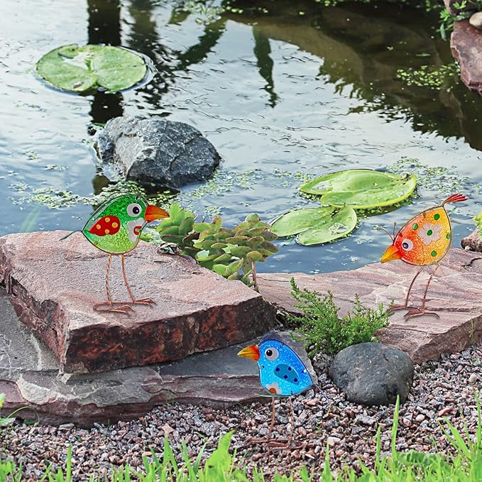 John's Studio Garden Decor for Outside - Outdoor Statue Decorations Metal Bird Glass Yard Art Décor, Lawn Ornaments for Patio Yard Porch, Housewarming Gift - 3 PCS