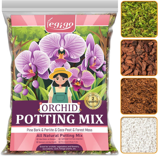 Legigo 2 QT Orchid Potting Mix- Natural Orchid Soil Mix for Repotting with Moss, Pine Bark, Coco Peat and Perlite, Enhanced Drainage Orchid Bark Potting Mix Repotting Kit for Indoor Plant Growth